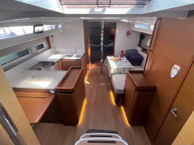 Salon of Cicerenella, a Jeanneau Sun Odyssey 440 sailboat at Cannigione, Italy