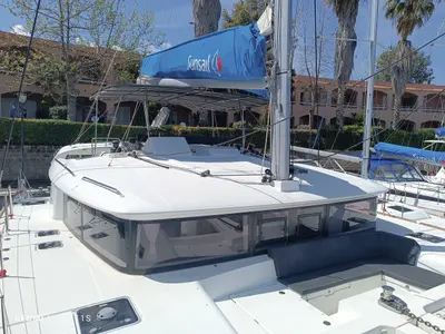 Deck of Hakuna Matata, a Lagoon 450 F catamaran at Tonnarella, Italy