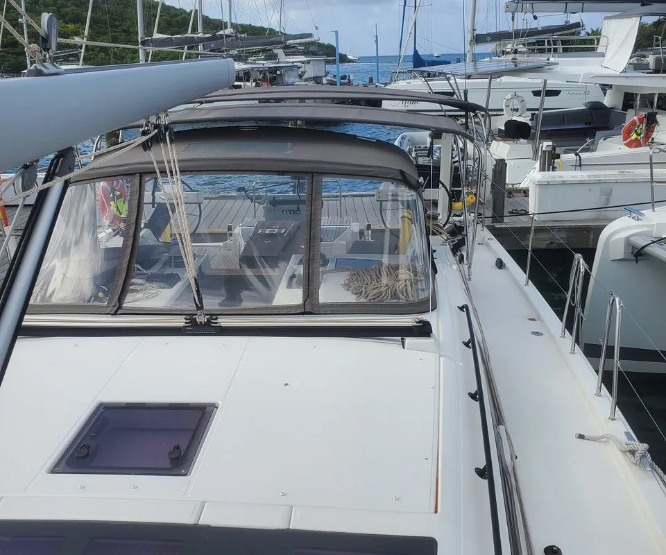 Deck of Salacia, a Dufour 470 sailboat at Charlotte Amalie, United States