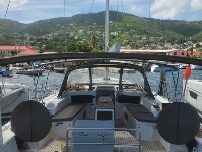 Cockpit of Salacia, a Dufour 470 sailboat at Charlotte Amalie, United States