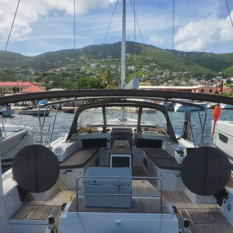 Cockpit of Salacia, a Dufour 470 sailboat at Charlotte Amalie, United States