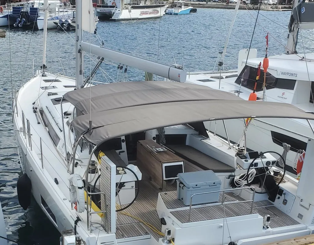 Deck of Salacia, a Dufour 470 sailboat at Charlotte Amalie, United States