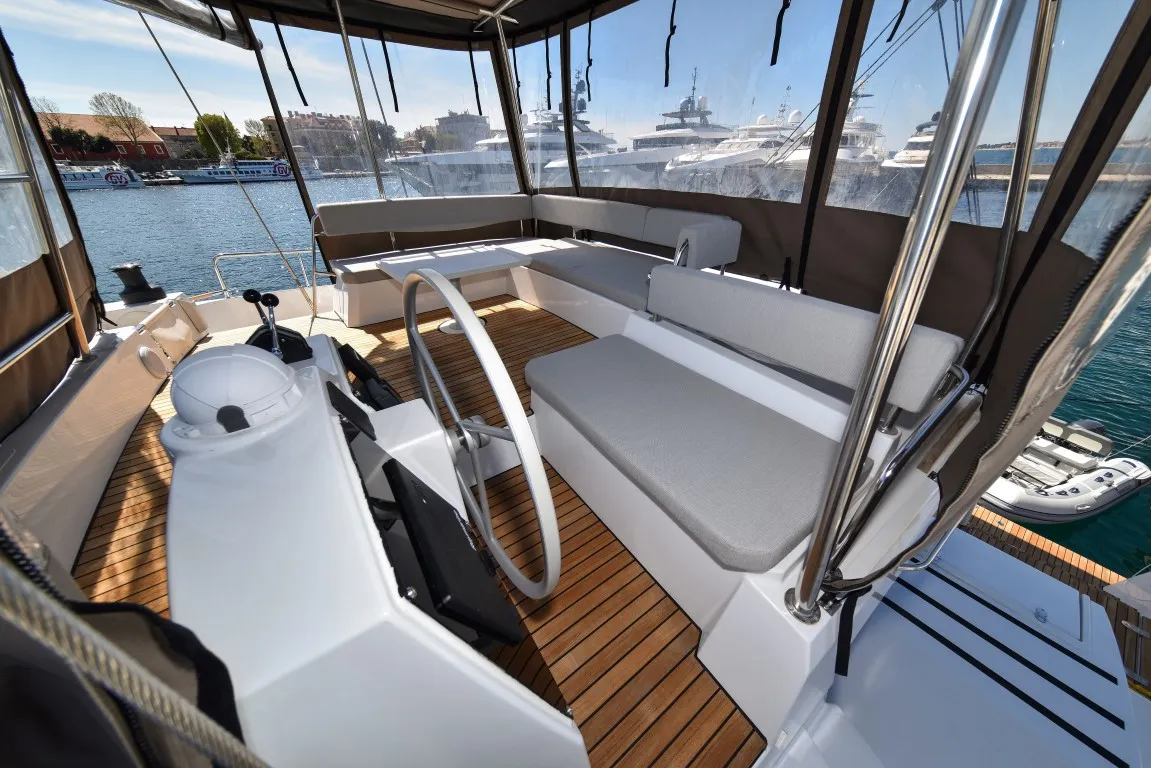 Cockpit of Jako 2, a Bali 4.6 catamaran at Zadar, Croatia