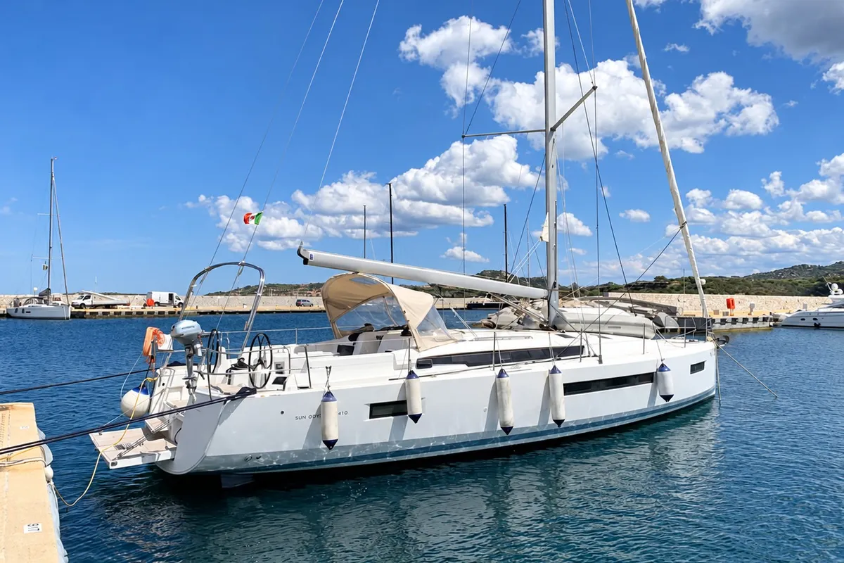 Exterior view of Jeanneau Sun Odyssey 490, a sailboat at Punta Ala, Italy