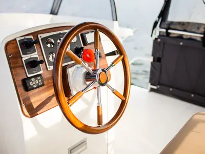 Cockpit of Nautiner 40.2 AFT #2, a Nautiner 40.2 AFT motorboat at Wilkasy, Poland