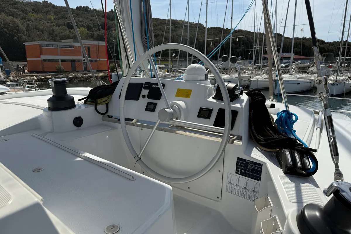 Cockpit of La Luna 77, a Bali 4.2 catamaran at Pula, Croatia