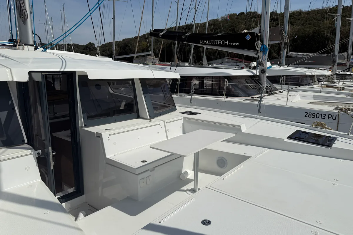 Deck of La Luna 77, a Bali 4.2 catamaran at Pula, Croatia