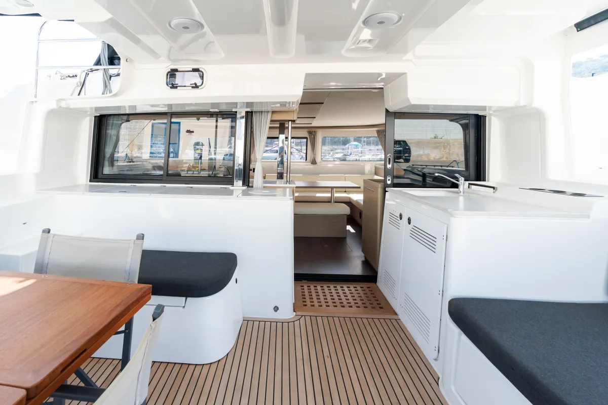 Deck of Lagoon 46, a catamaran at Capo d'Orlando, Italy