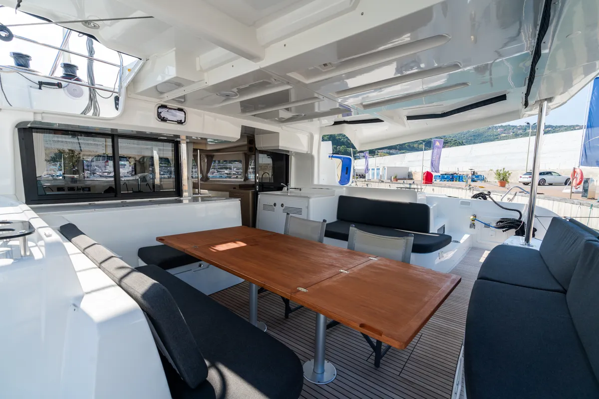 Deck of Lagoon 46, a catamaran at Capo d'Orlando, Italy