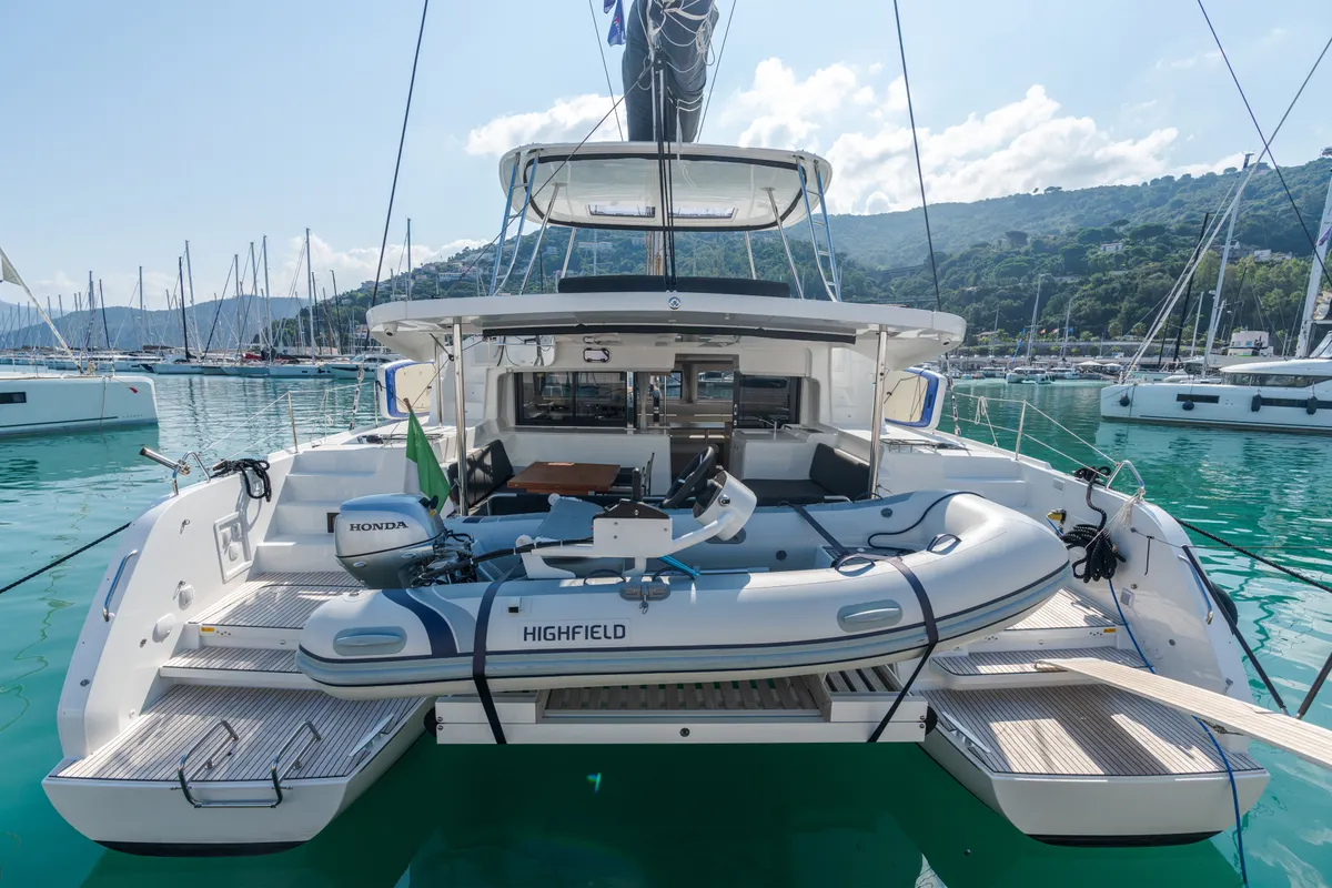 Exterior view of Lagoon 46, a catamaran at Capo d'Orlando, Italy