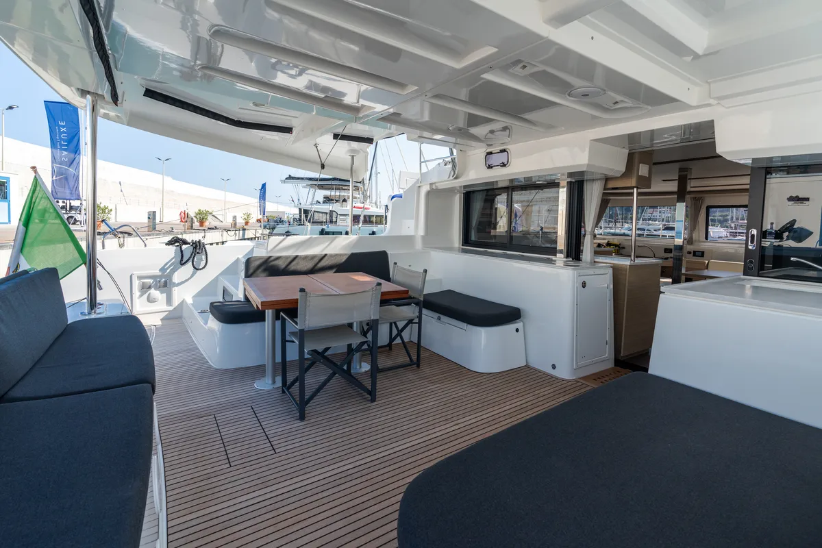 Deck of Lagoon 46, a catamaran at Capo d'Orlando, Italy