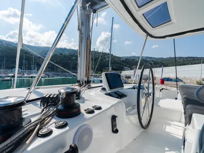 Cockpit of Lagoon 46, a catamaran at Capo d'Orlando, Italy