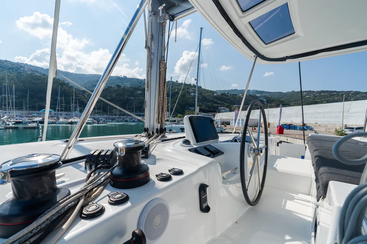 Cockpit of Lagoon 46, a catamaran at Capo d'Orlando, Italy