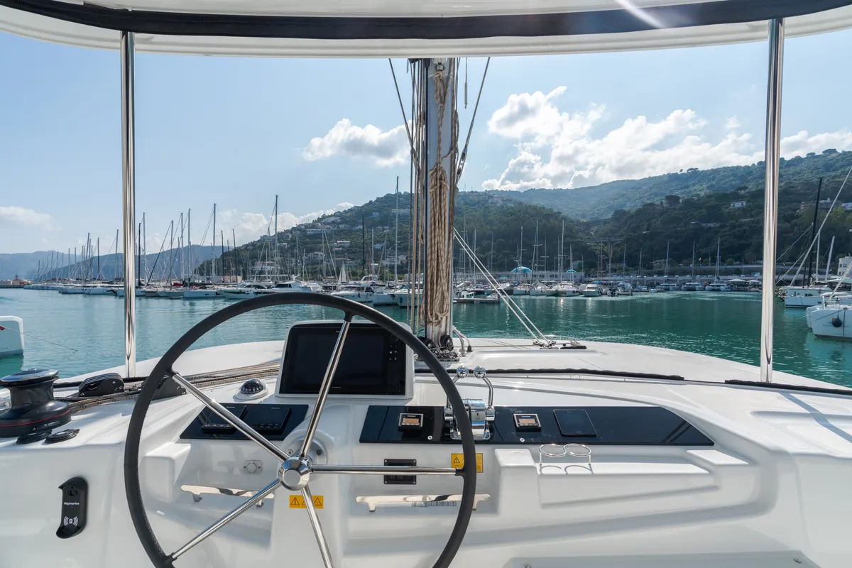 Cockpit of Lagoon 46, a catamaran at Capo d'Orlando, Italy