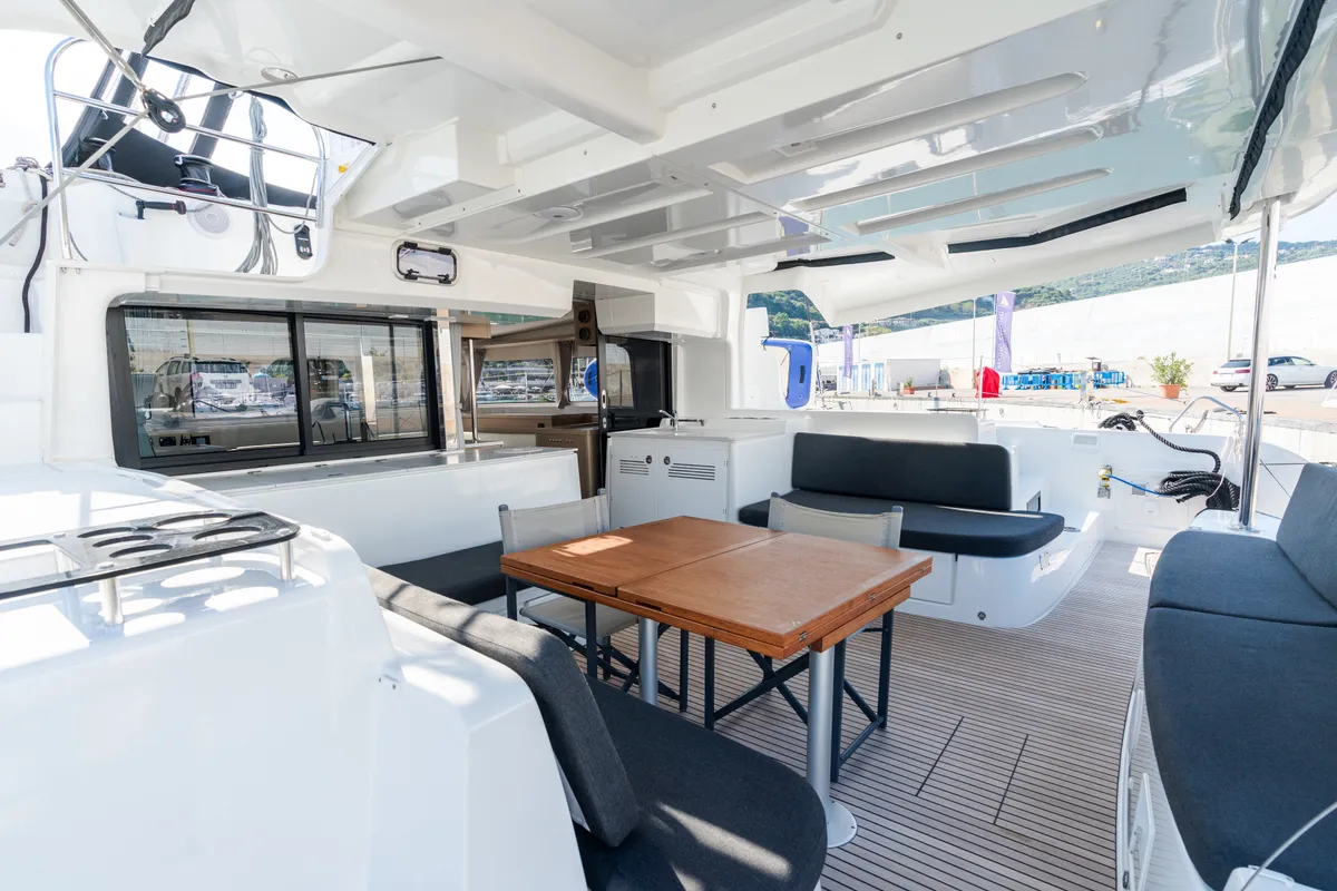 Deck of Lagoon 46, a catamaran at Capo d'Orlando, Italy