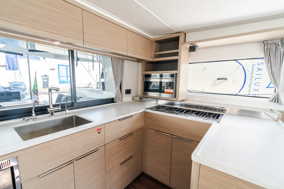 Galley of Lagoon 46, a catamaran at Capo d'Orlando, Italy