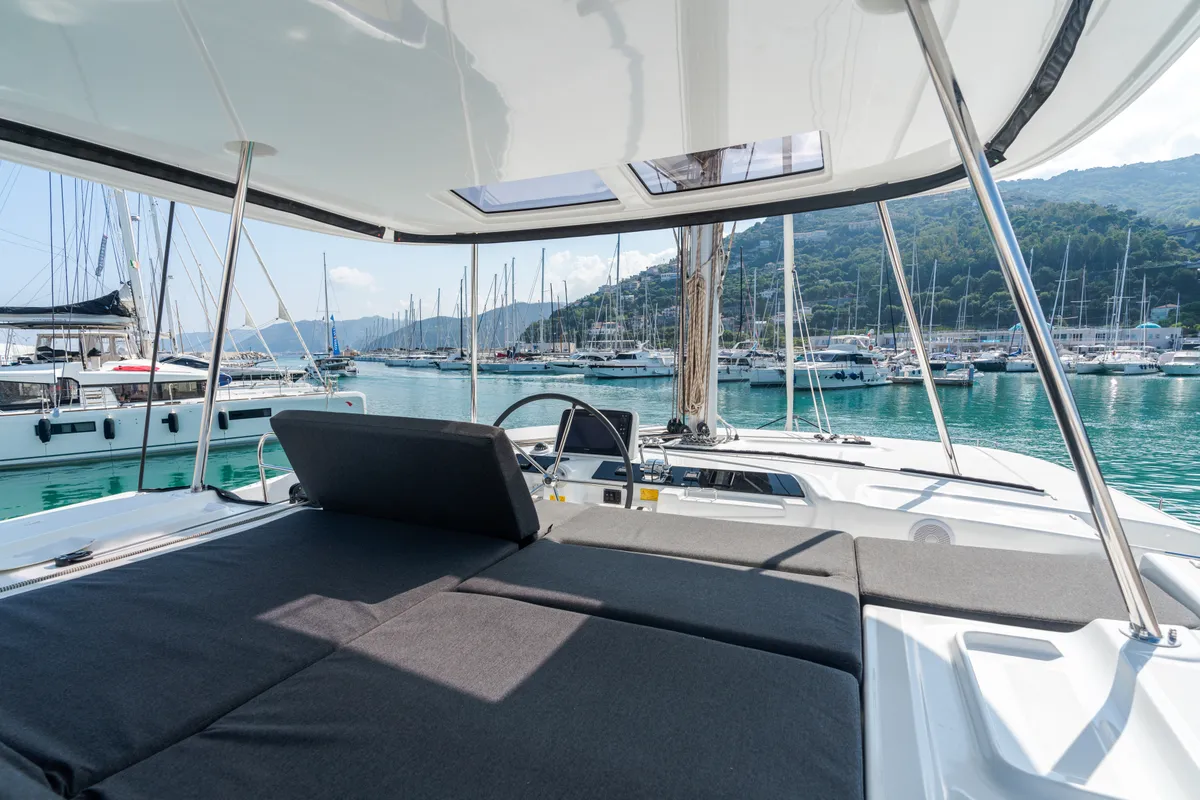 Deck of Lagoon 46, a catamaran at Capo d'Orlando, Italy