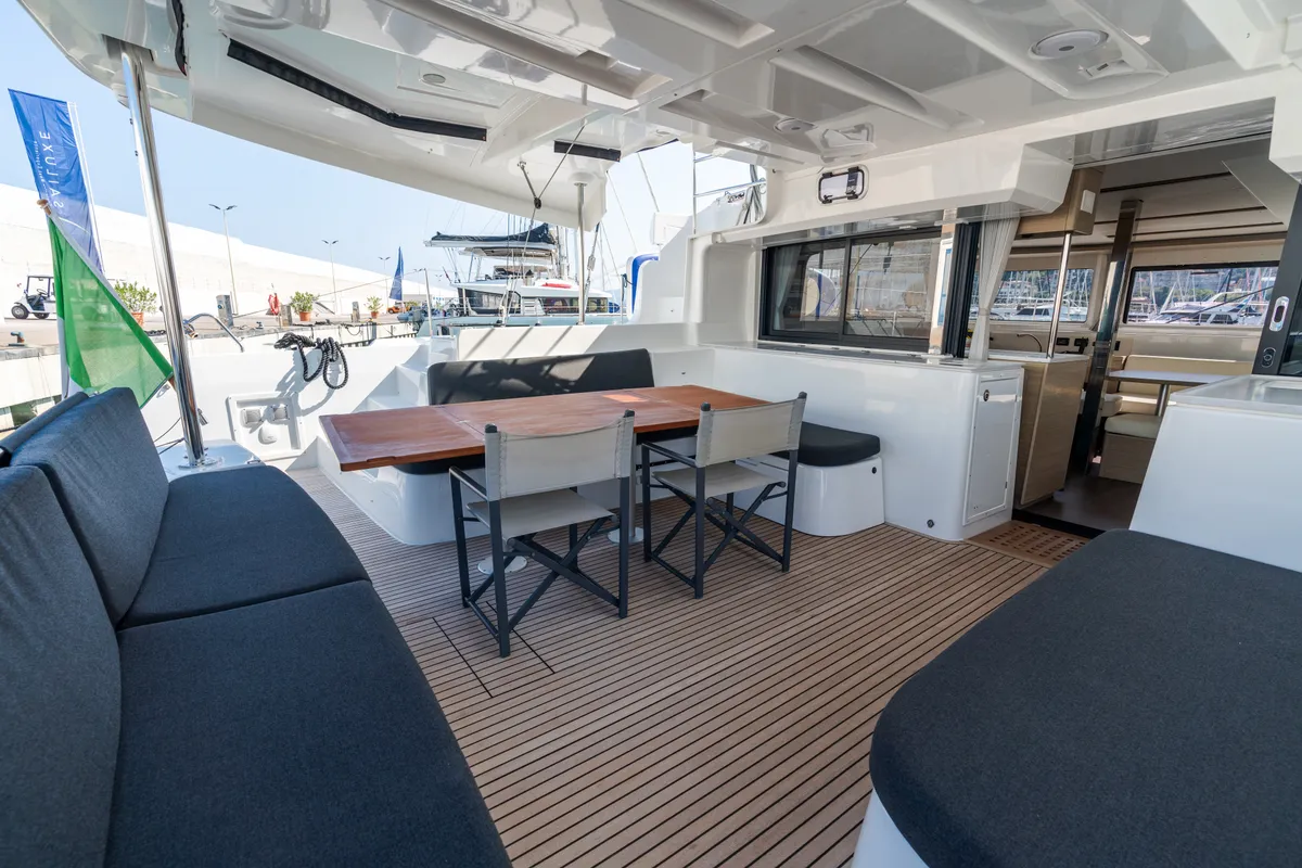 Deck of Lagoon 46, a catamaran at Capo d'Orlando, Italy