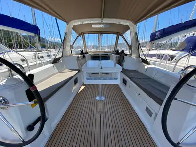 Cockpit of Solar, a Beneteau Oceanis 38 sailboat at Fethiye, Turkey
