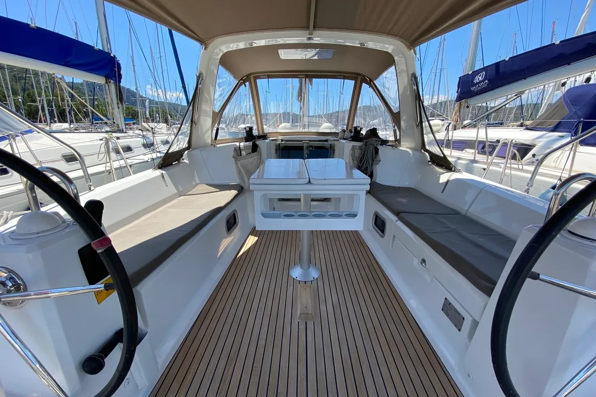 Cockpit of Solar, a Beneteau Oceanis 38 sailboat at Fethiye, Turkey