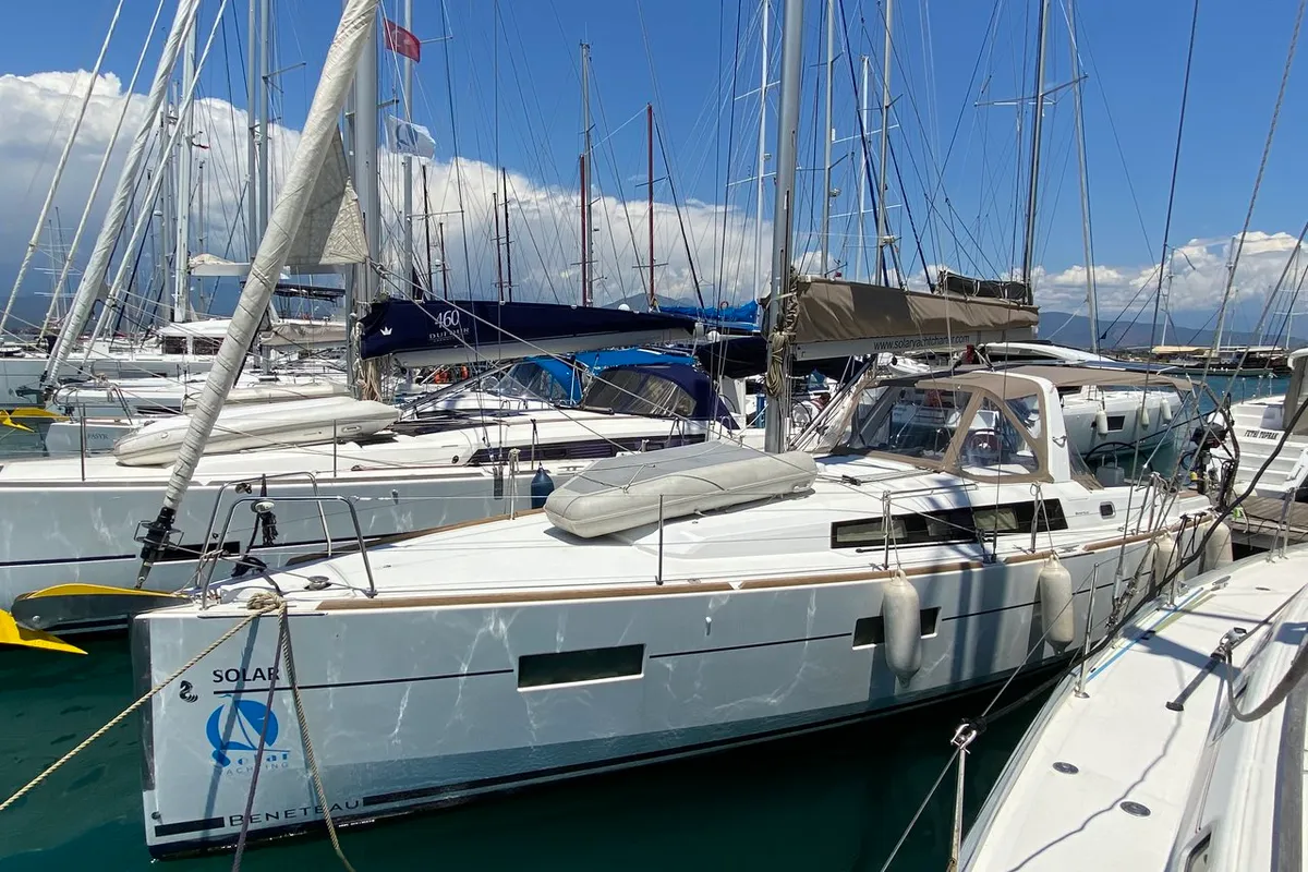 Exterior view of Solar, a Beneteau Oceanis 38 sailboat at Fethiye, Turkey