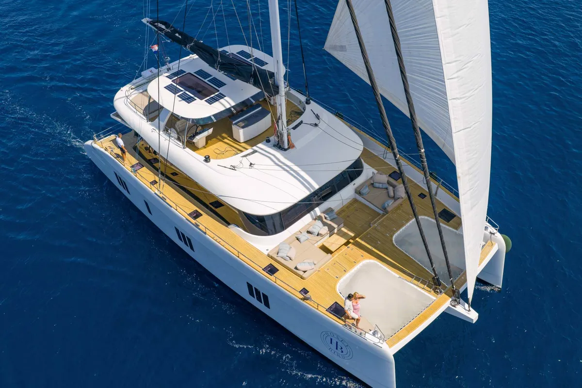 Exterior view of Honeybird, a Sunreef 80 catamaran at Šibenik, Croatia