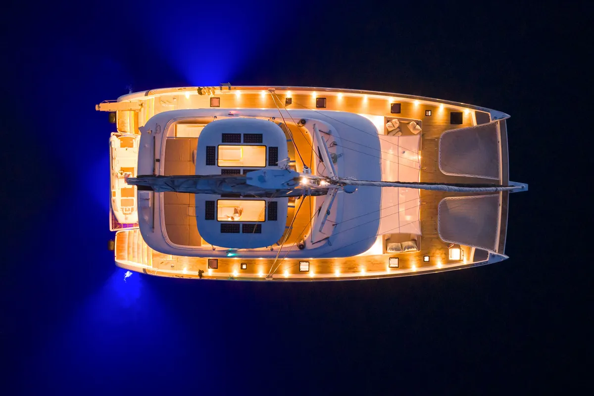 Exterior view of Honeybird, a Sunreef 80 catamaran at Šibenik, Croatia