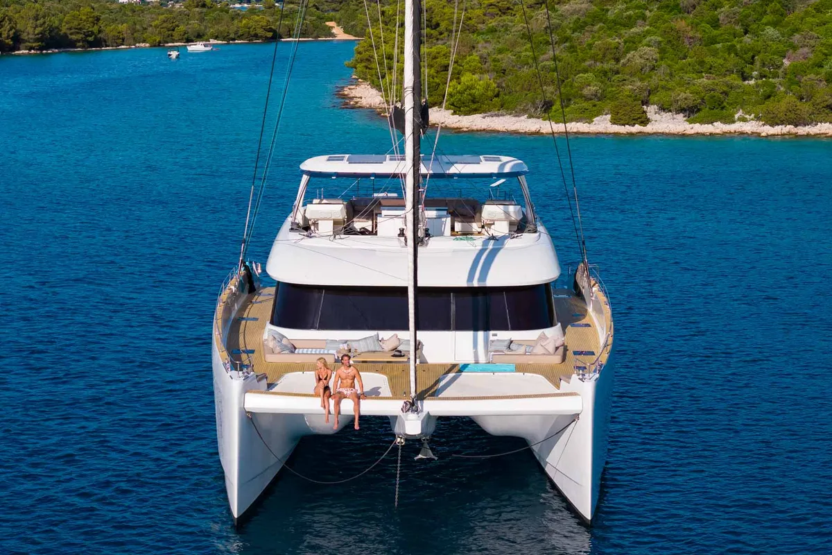 Exterior view of Honeybird, a Sunreef 80 catamaran at Šibenik, Croatia