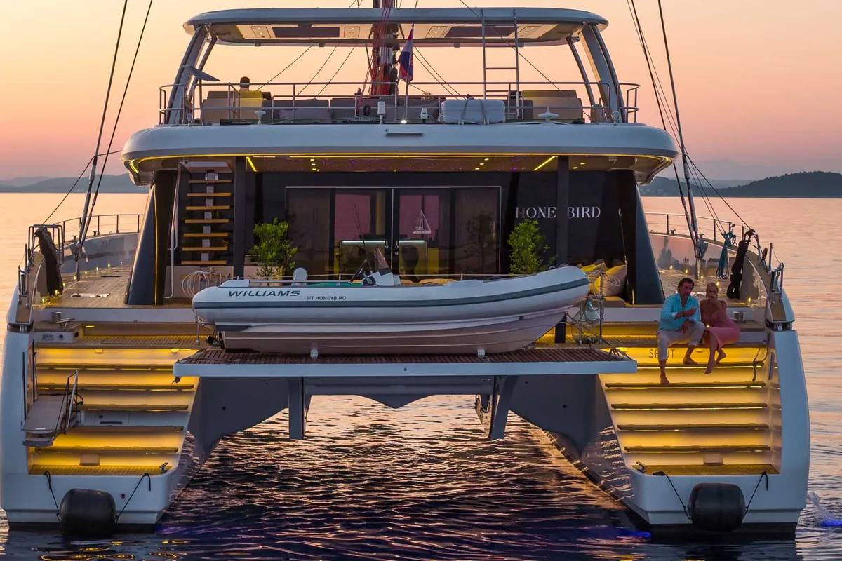 Exterior view of Honeybird, a Sunreef 80 catamaran at Šibenik, Croatia