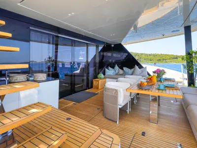 Deck of Honeybird, a Sunreef 80 catamaran at Šibenik, Croatia