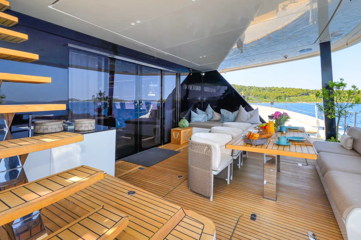 Deck of Honeybird, a Sunreef 80 catamaran at Šibenik, Croatia