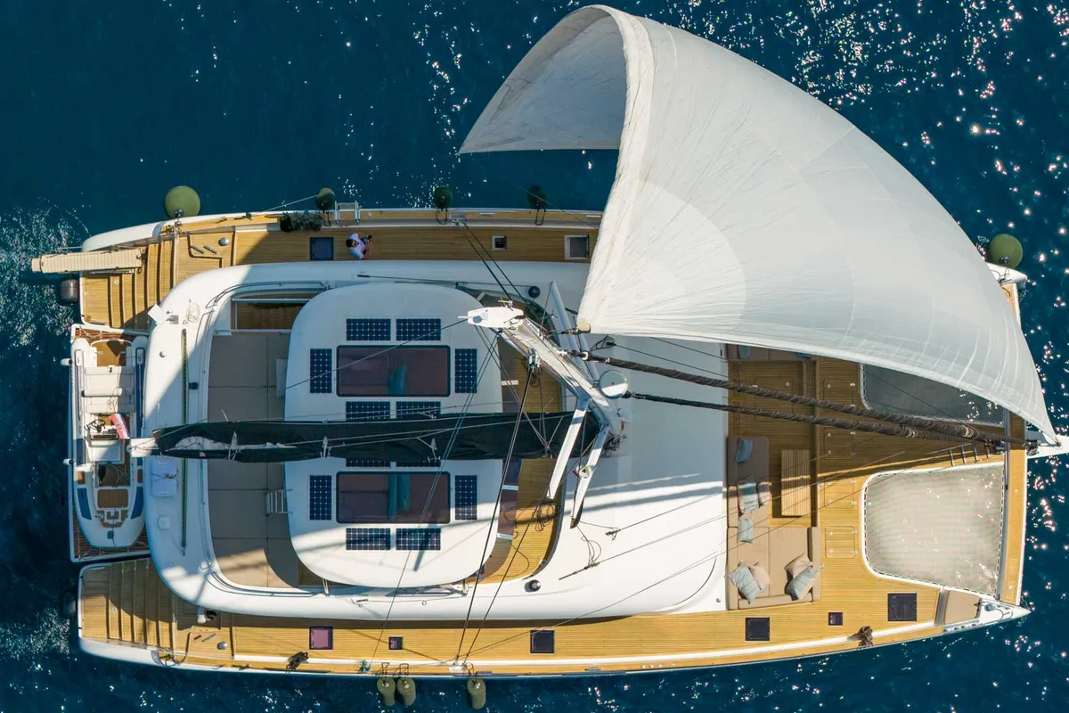Exterior view of Honeybird, a Sunreef 80 catamaran at Šibenik, Croatia
