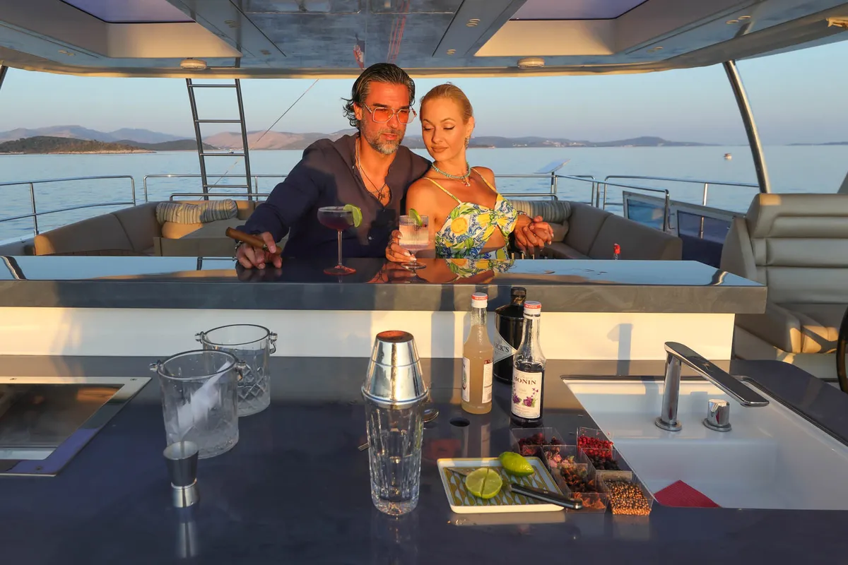 Deck of Honeybird, a Sunreef 80 catamaran at Šibenik, Croatia