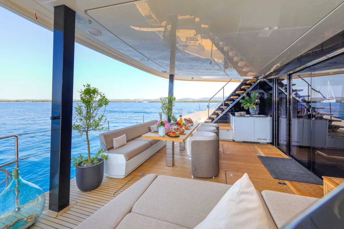 Deck of Honeybird, a Sunreef 80 catamaran at Šibenik, Croatia