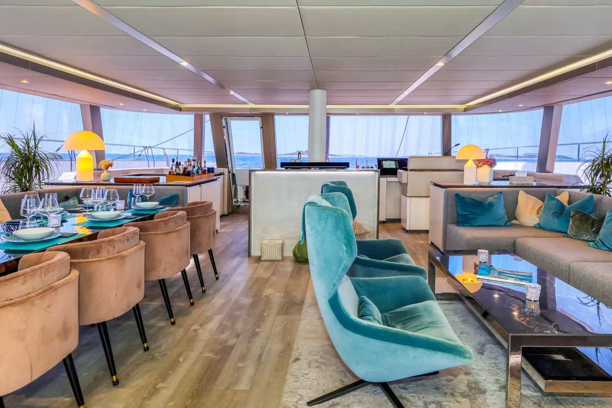 Salon of Honeybird, a Sunreef 80 catamaran at Šibenik, Croatia