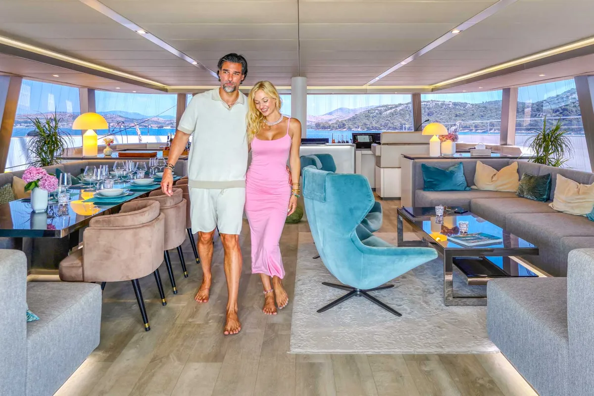 Salon of Honeybird, a Sunreef 80 catamaran at Šibenik, Croatia