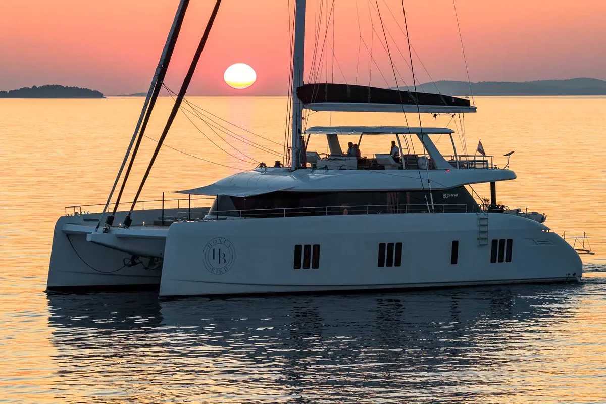 Exterior view of Honeybird, a Sunreef 80 catamaran at Šibenik, Croatia