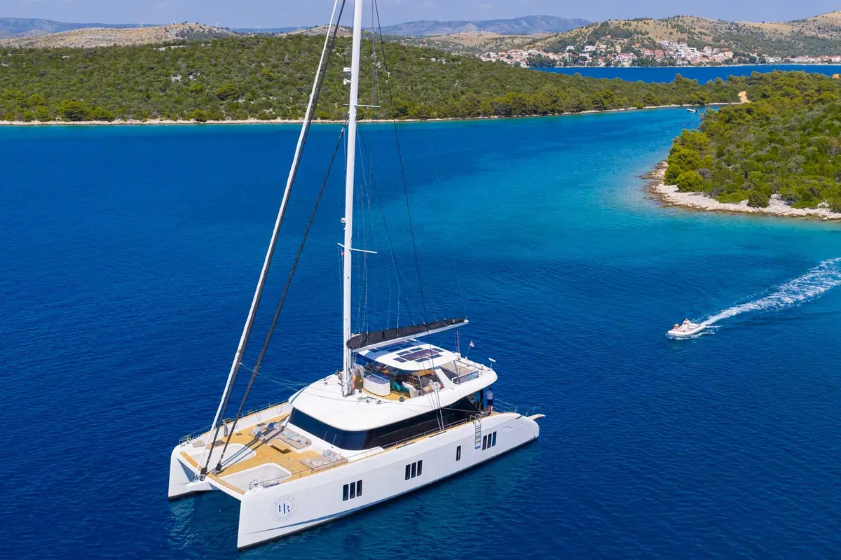 Exterior view of Honeybird, a Sunreef 80 catamaran at Šibenik, Croatia