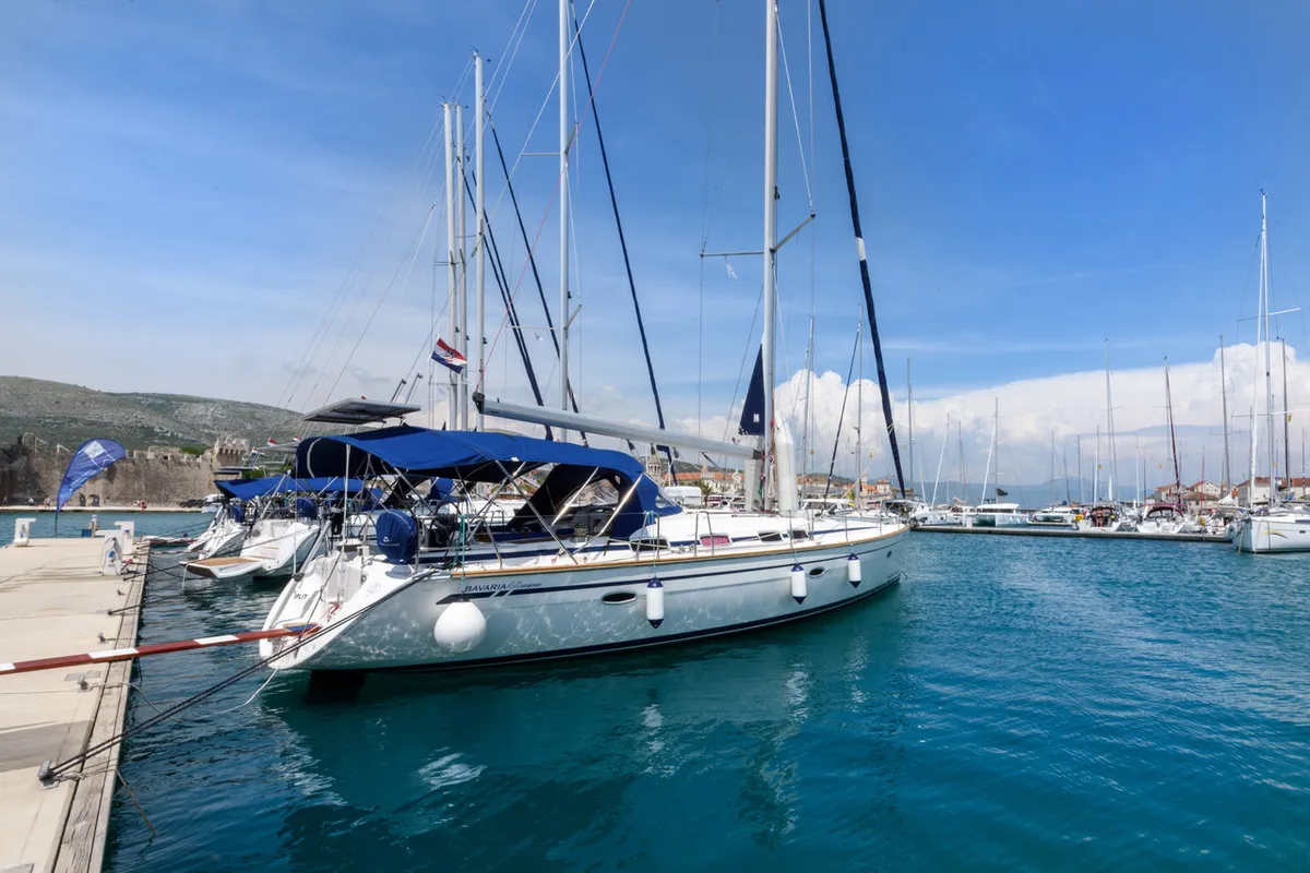 Exterior view of Galera, a Bavaria 46 Cruiser sailboat at Grad Trogir, Croatia