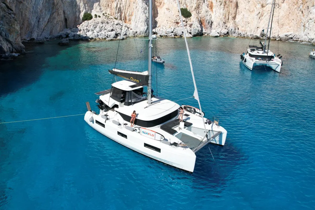 Exterior view of Ouna, a Lagoon 46 catamaran at Parikia, Greece