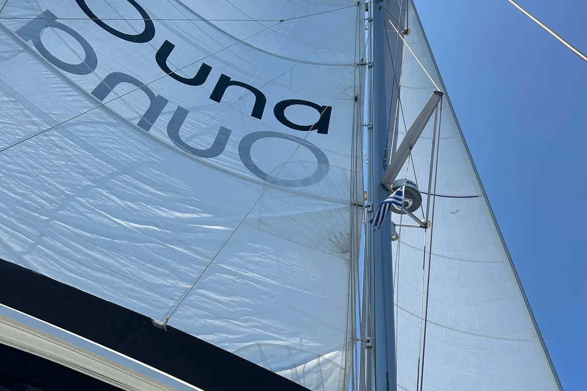 Exterior view of Ouna, a Lagoon 46 catamaran at Parikia, Greece