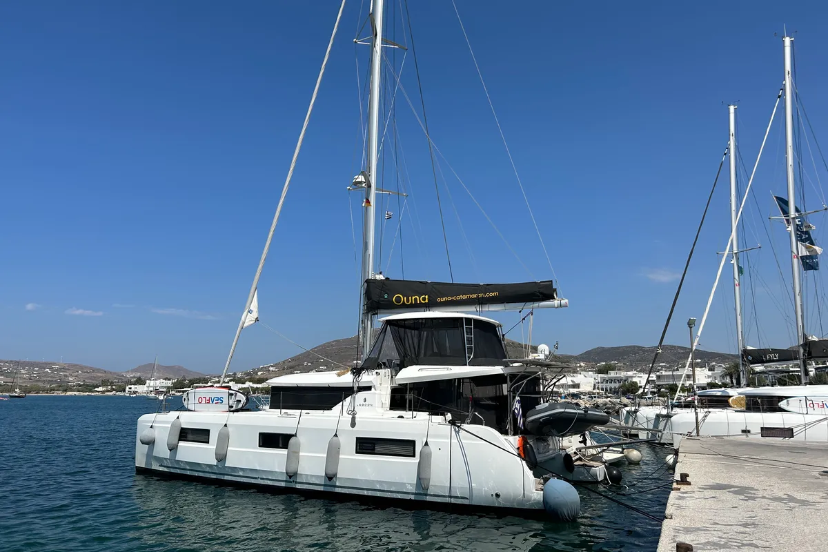 Exterior view of Ouna, a Lagoon 46 catamaran at Parikia, Greece