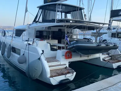 Deck of Ouna, a Lagoon 46 catamaran at Parikia, Greece