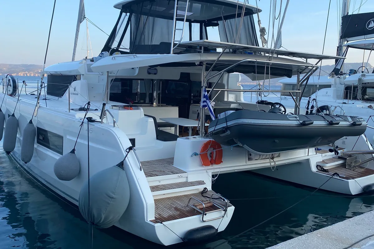 Deck of Ouna, a Lagoon 46 catamaran at Parikia, Greece