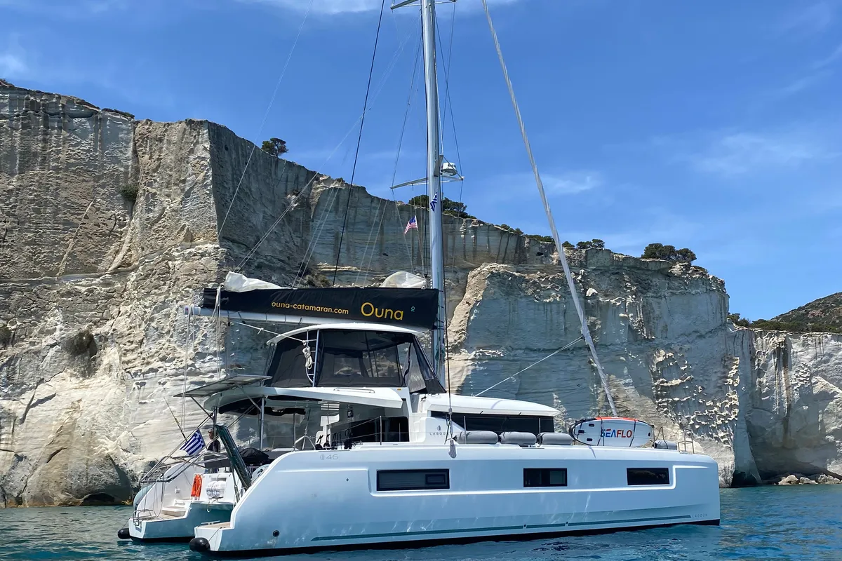 Exterior view of Ouna, a Lagoon 46 catamaran at Parikia, Greece