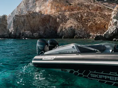 Exterior view of Navigatus IV, a Gulet Skipper-NC-100S-18 motorboat at Adamantas, Greece