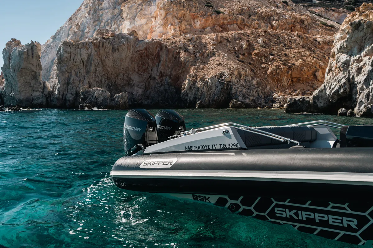 Exterior view of Navigatus IV, a Gulet Skipper-NC-100S-18 motorboat at Adamantas, Greece
