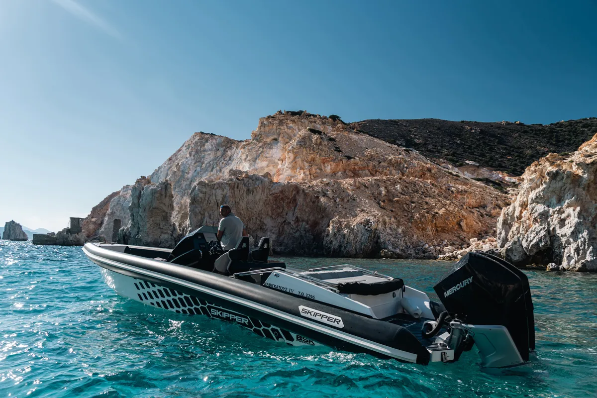 Exterior view of Navigatus IV, a Gulet Skipper-NC-100S-18 motorboat at Adamantas, Greece