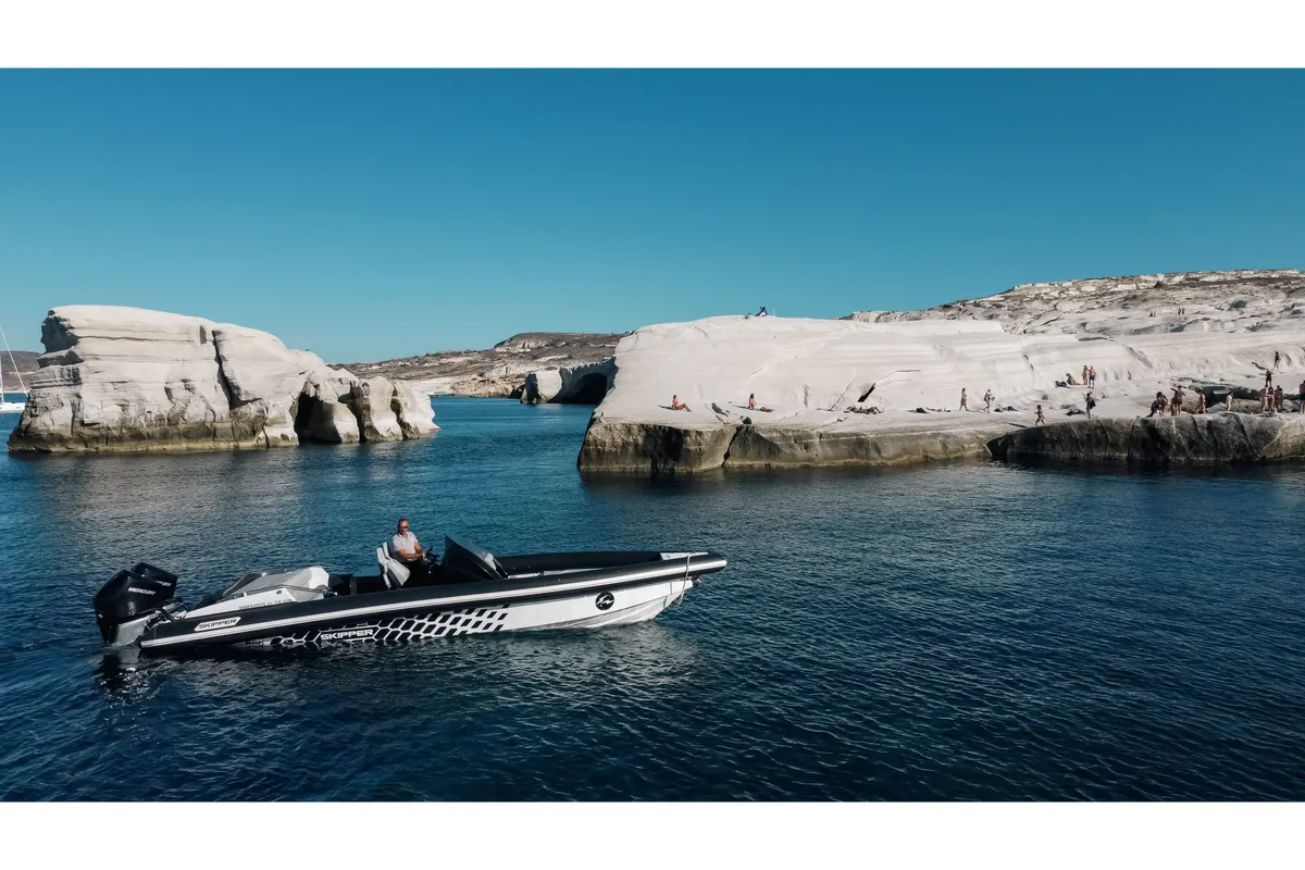Exterior view of Navigatus IV, a Gulet Skipper-NC-100S-18 motorboat at Adamantas, Greece