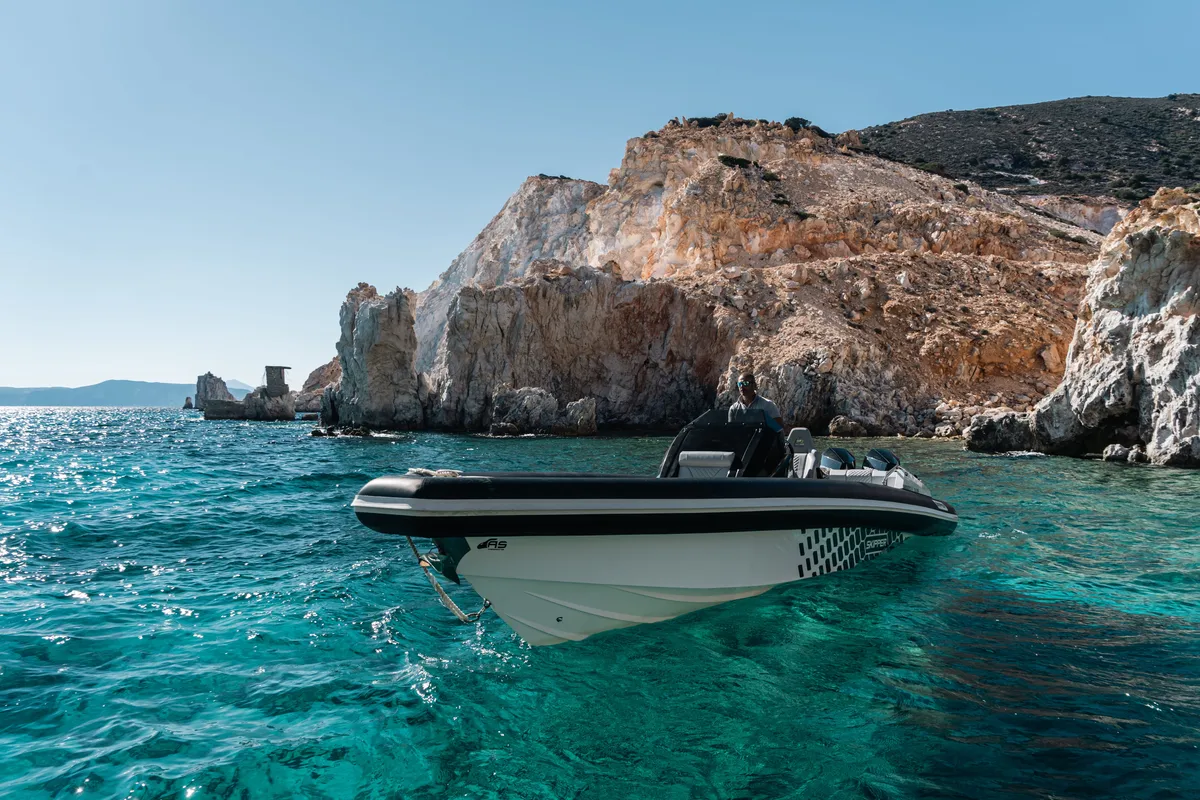 Exterior view of Navigatus IV, a Gulet Skipper-NC-100S-18 motorboat at Adamantas, Greece